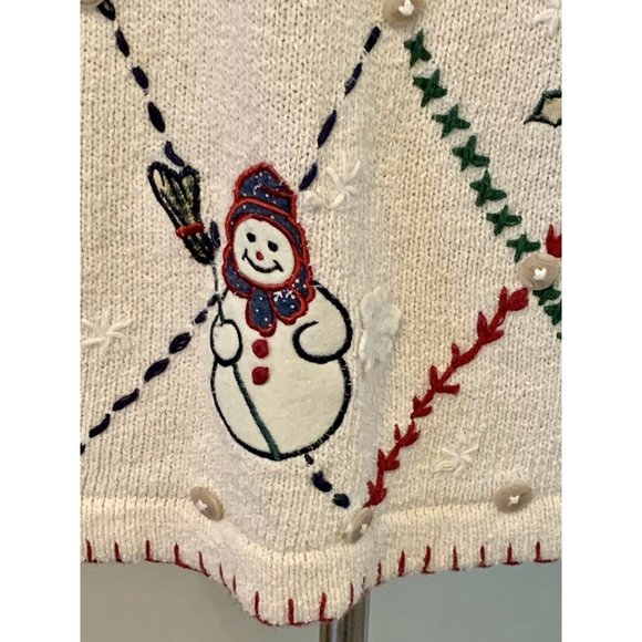 Vintage Christmas sweater pullover cream plaid Victoria Jones size M snowman - Picture 4 of 9